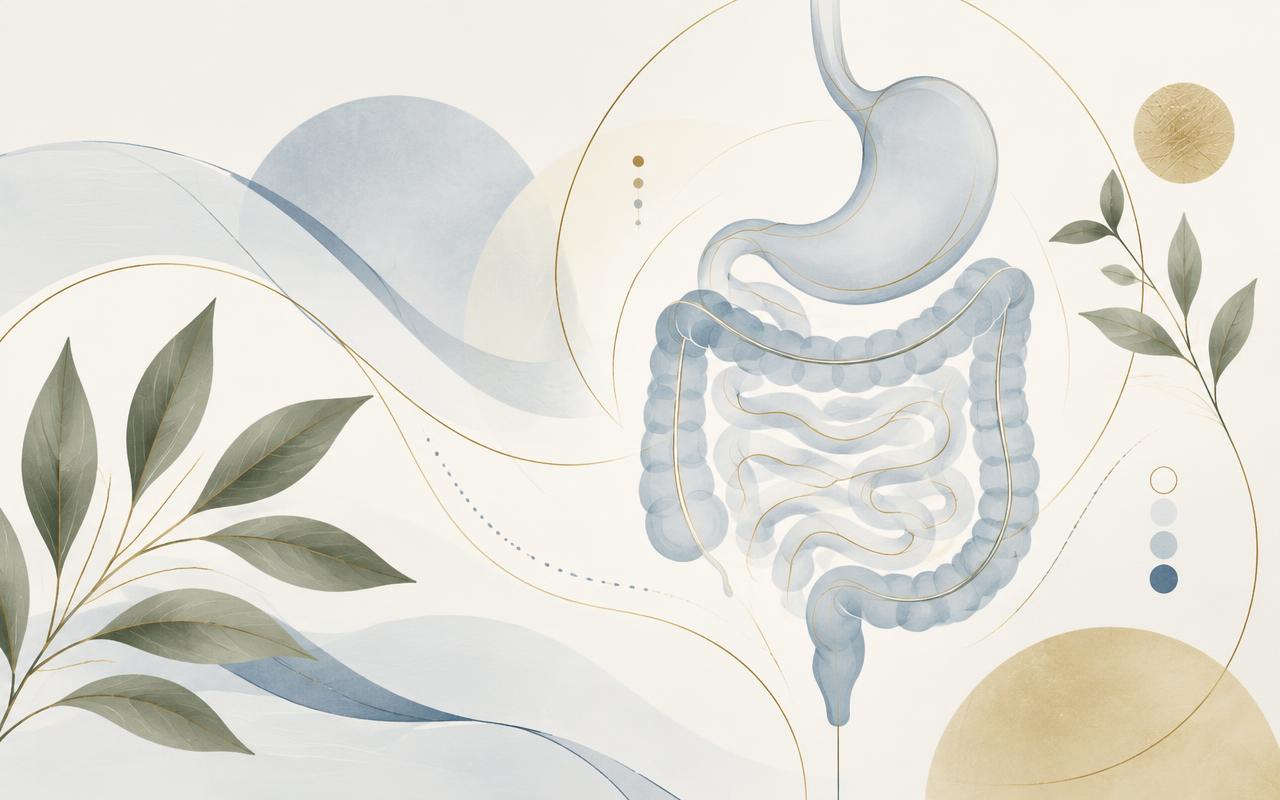 Ilustración serena del sistema digestivo rodeada de hojas