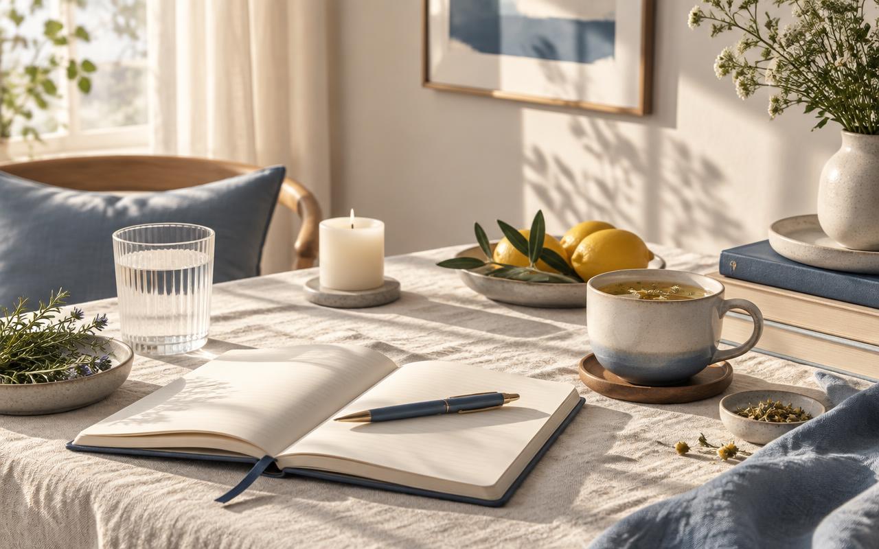 Mesa luminosa con infusión, cuaderno abierto y luz natural